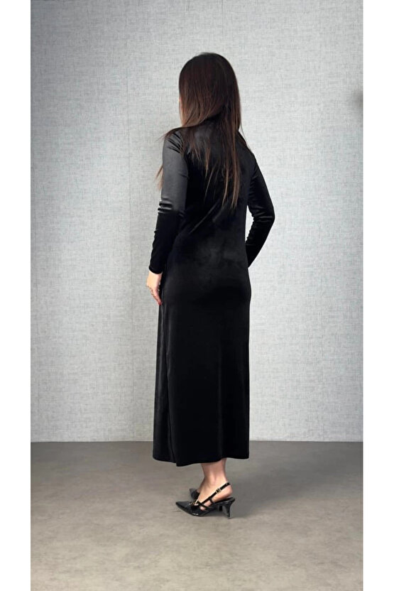 Kadın Balıkçı Yaka Büzgü Ve Taş Işleme Detay Maxi Boy Kadife Elbise