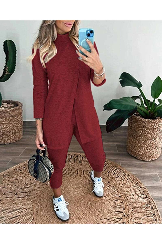 Kadın Uzun Kollu Balıkçı Yaka önden Düğmeli Bluz Ve Pantolon Yumoş Ikili Takım