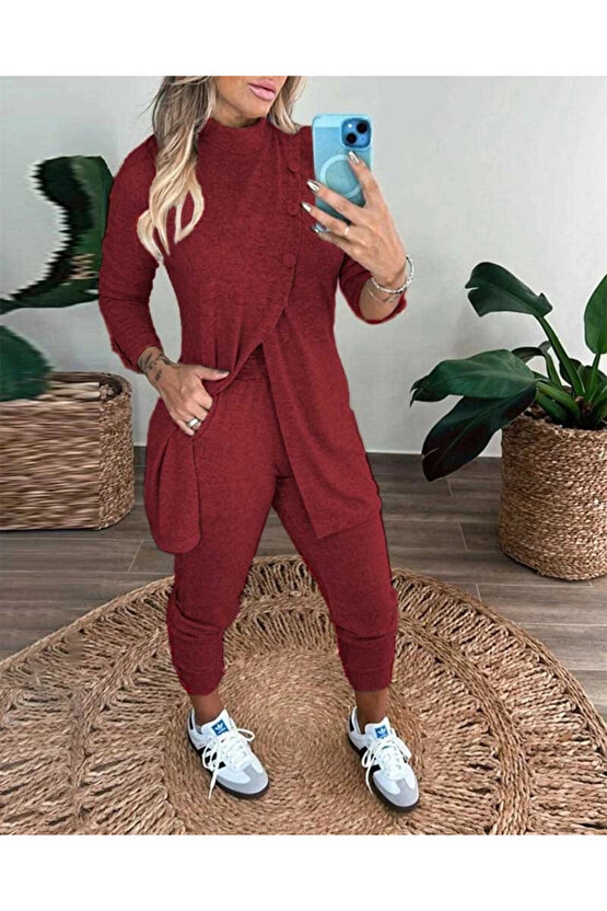 Kadın Uzun Kollu Balıkçı Yaka önden Düğmeli Bluz Ve Pantolon Yumoş Ikili Takım