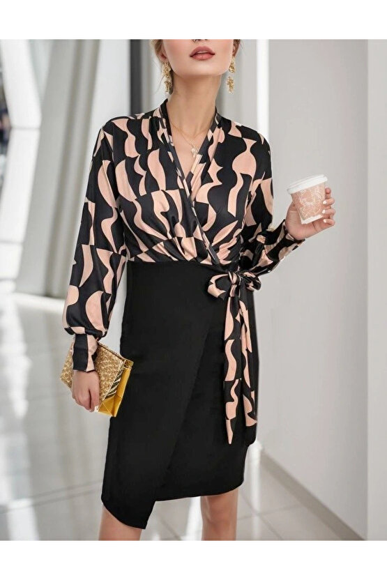 Kadın Uzun Kollu Kruvaze Yaka Dijital Baskılı Fiyonk Detay Atlas Kumaş Elbise