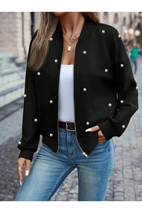 Kadın Uzun Kollu önden Fermuarlı Incili Kısa Modal Ceket