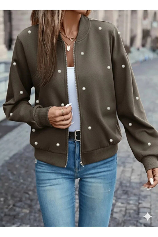 Kadın Uzun Kollu önden Fermuarlı Incili Kısa Modal Ceket