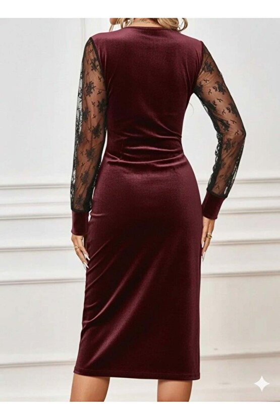 Kadın Uzun Kollu Kruvaze Yakalı Yandan Düğmeli önden çapraz Kesin Detaylı Midi Kadife Elbise