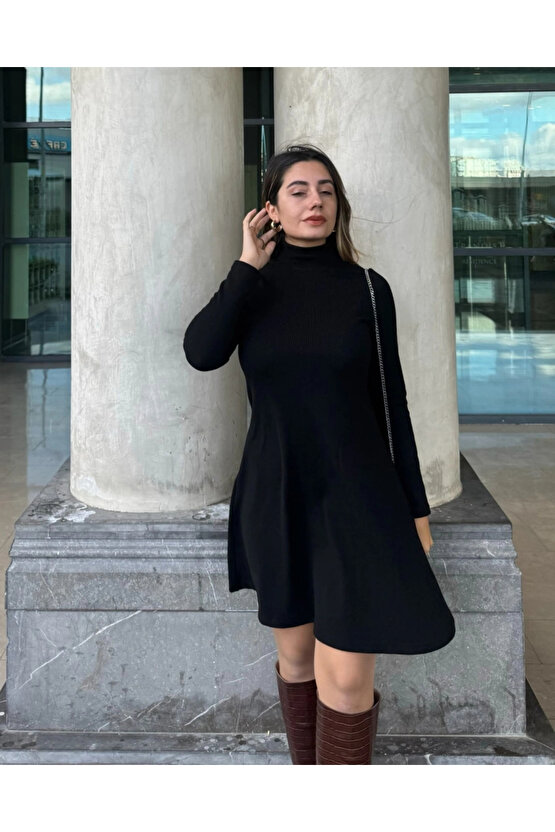 Kadın Uzun Kollu Balıkçı Yaka Salaş Kusa Akrilik Elbise