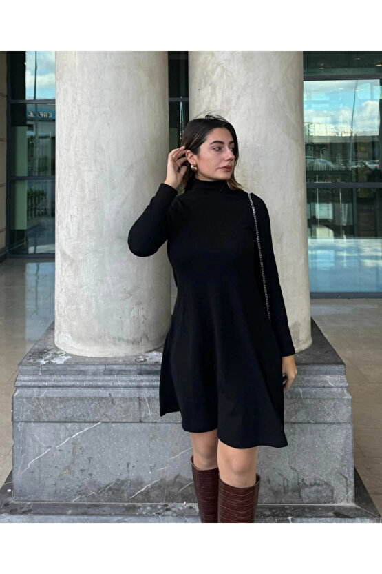Kadın Uzun Kollu Balıkçı Yaka Salaş Kusa Akrilik Elbise