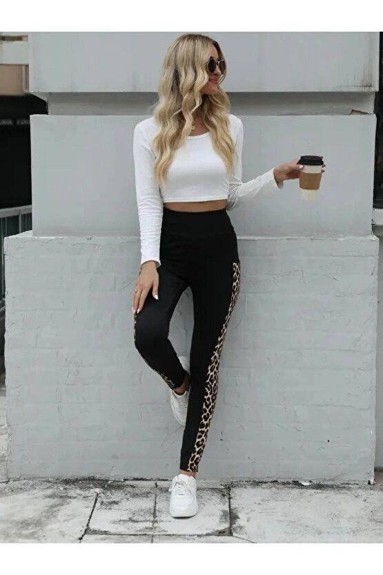 EQURİ Kadın Yüksek Bel Leopar Desen Ve Cep Detaylı Dalgıç Tayt