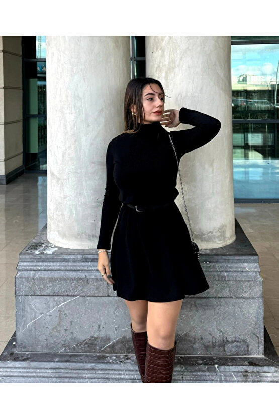 Kadın Uzun Kollu Balıkçı Yaka Salaş Kusa Akrilik Elbise