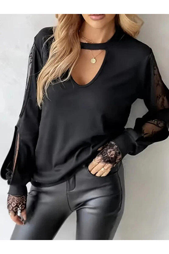 MDB Kadın Uzun Kollu Damla Detaylı Viskon Iki Iplik Bluz