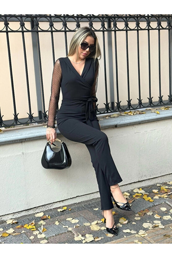 Kadın Uzun Kollu Kruvaze Yakalı Kolları Tül Detay Beli Kuşaklı Ithal Krep Tulum