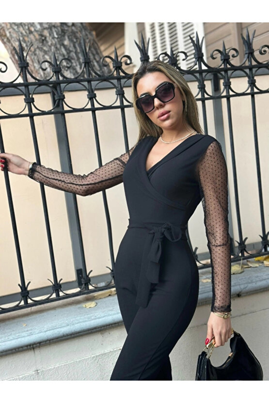 Kadın Uzun Kollu Kruvaze Yakalı Kolları Tül Detay Beli Kuşaklı Ithal Krep Tulum