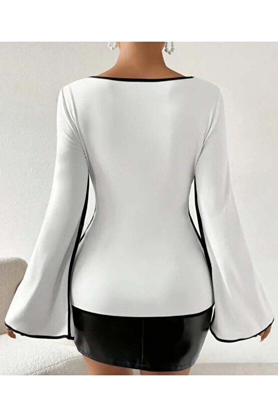 Kadın U Yaka Siyah şerit Detyalı Yarasa Kol Dalgıç Kumaş Arabiyeli Bluz