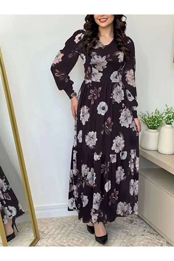 MDB Kadın Uzun Kollu V Yakalı çiçek Desenli Maxi Süprem Elbise
