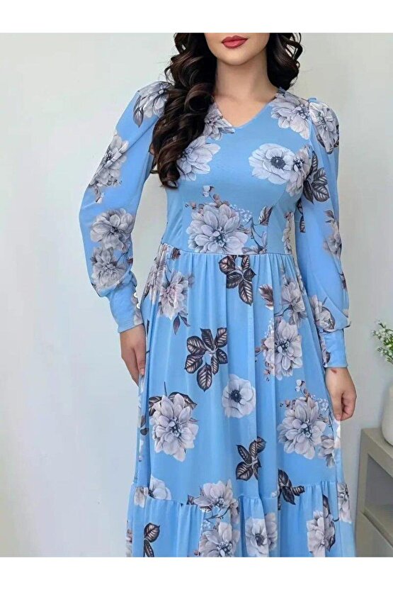 Kadın Uzun Kollu V Yakalı çiçek Desenli Maxi Süprem Elbise
