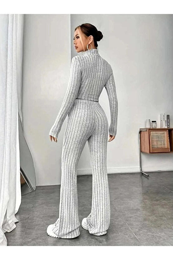 Kadın Uzun Kollu Balıkçı Yaka Krop Ve Pantolon şardonlu Kaşkorse Ikili Takım