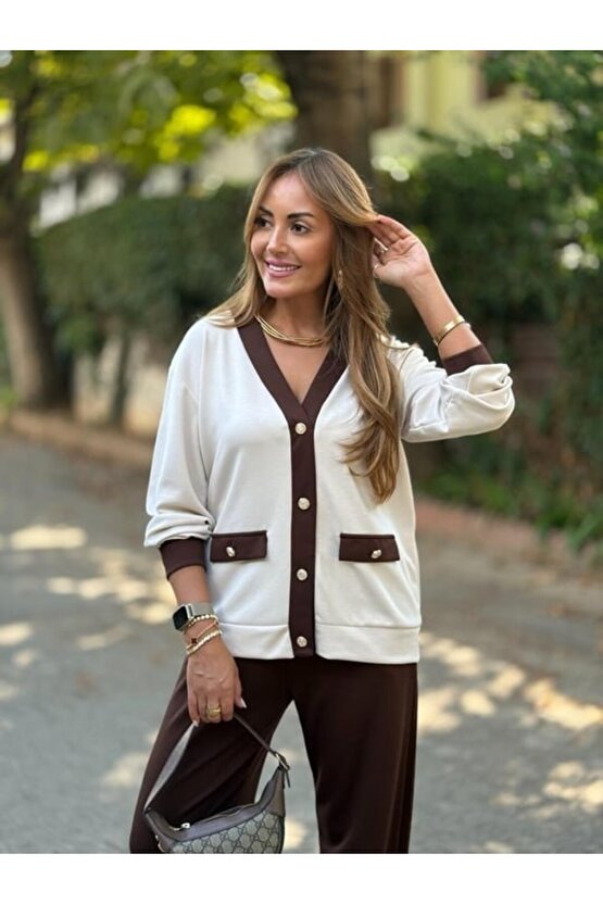 EQURİ Kadın Uzun Kollu Ribanali Cep Detay Hırka Ve Bol Paça Pantolon Ikili Takım