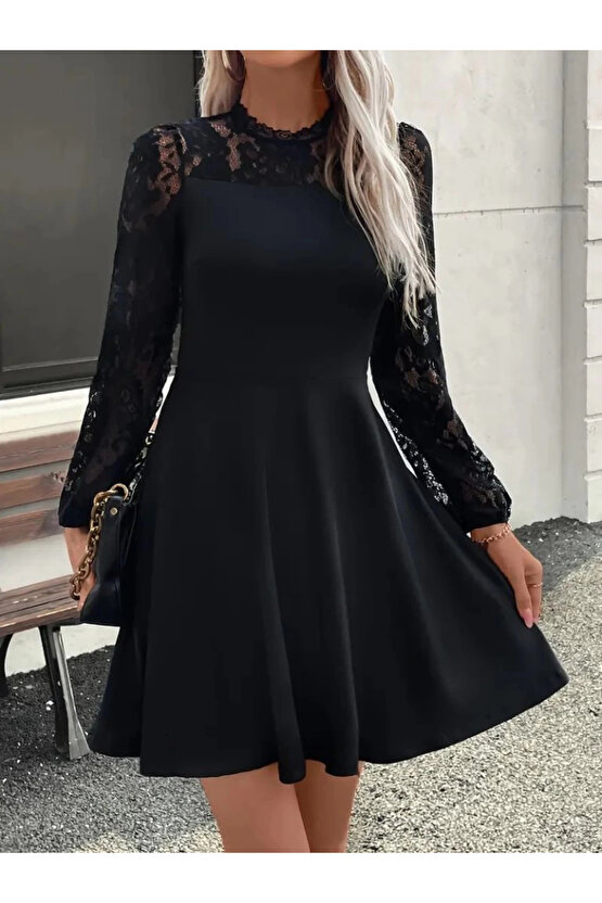 Kadın Uzun Kollu Dantelli Kloş Mini Ithal Krep Elbise