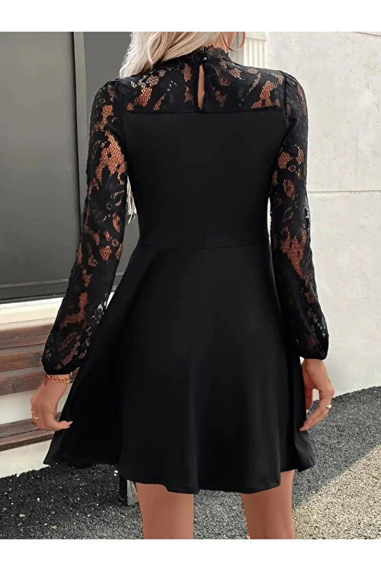 Kadın Uzun Kollu Dantelli Kloş Mini Ithal Krep Elbise