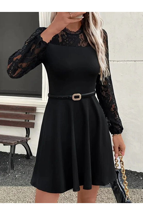 Kadın Uzun Kollu Dantelli Kloş Mini Ithal Krep Elbise