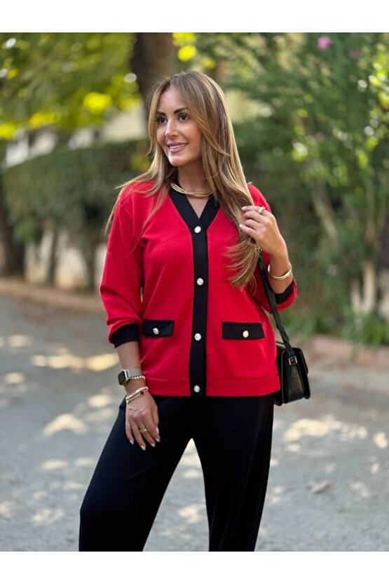 EQURİ Kadın Uzun Kollu Ribanali Cep Detay Hırka Ve Bol Paça Pantolon Ikili Takım