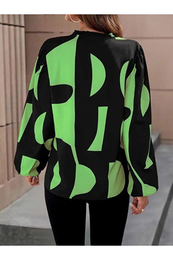 Kadın Uzun Kollu V Yakalı Desenli Modal Bluz