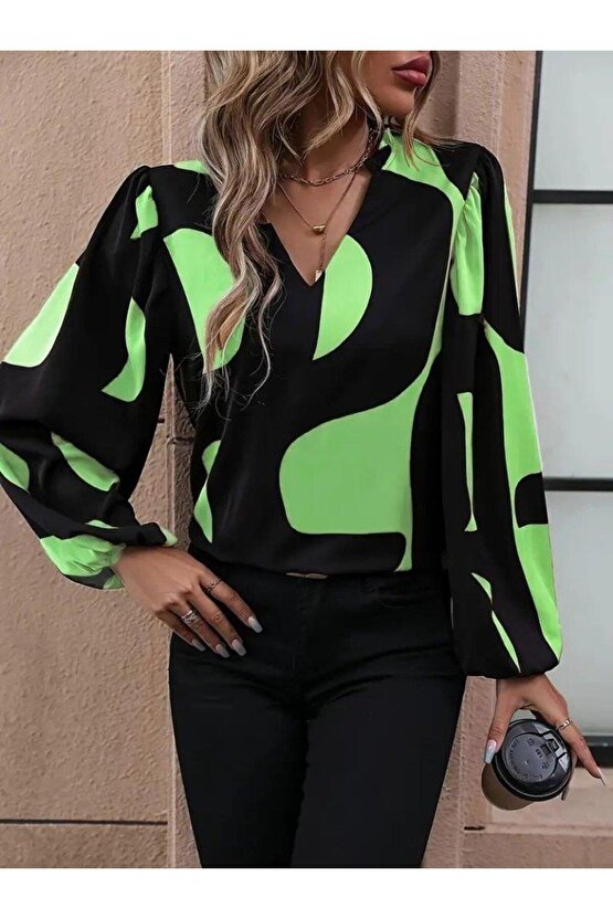 Kadın Uzun Kollu V Yakalı Desenli Modal Bluz