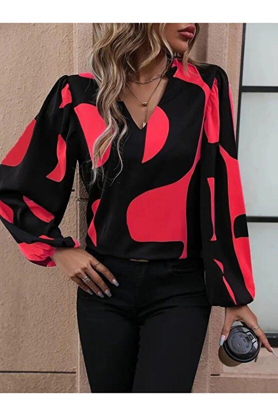 Kadın Uzun Kollu V Yakalı Desenli Modal Bluz