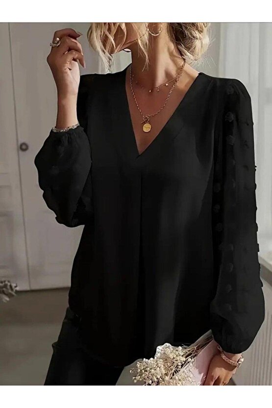 Kadın Uzun Kollu V Yakalı Kolları Popon Detaylı Sandy Bluz