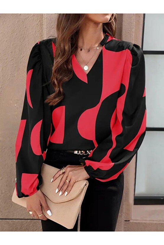 Kadın Uzun Kollu V Yakalı Desenli Modal Bluz