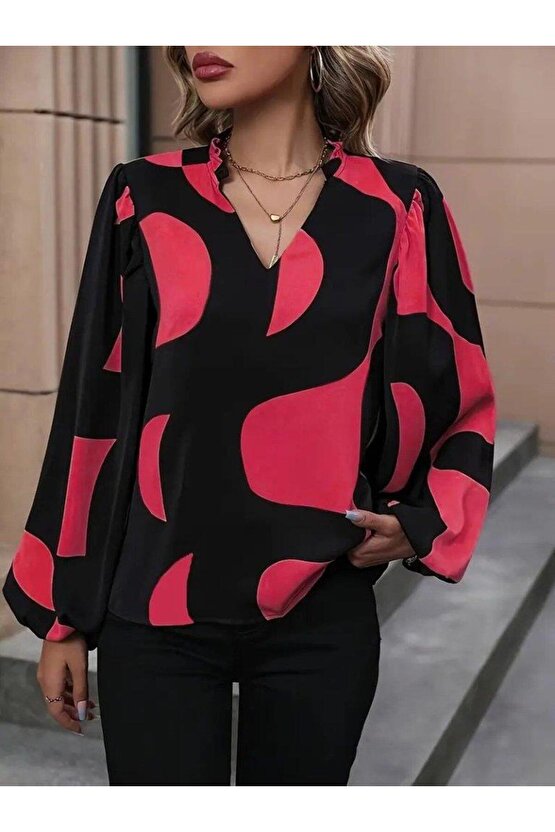 Kadın Uzun Kollu V Yakalı Desenli Modal Bluz