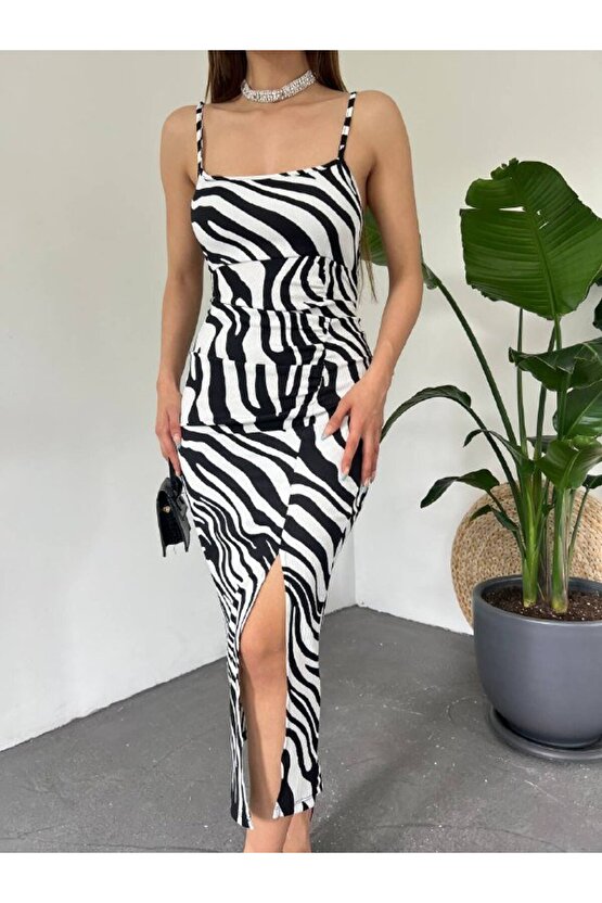 Kadın Zebra Baskılı Omuz Askılı Sırt Dekolteli Yırtmaç Detay Elbise