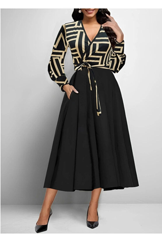 Kadın Uzun Kollu Kruvaze Yaka Dalgıç Krep Midi Boy Elbise