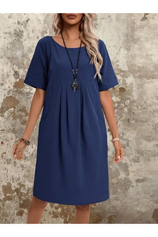 Kadın Kısa Kollu Yakası Açık önden Büzgülü Cep Detaylı Viskon Iki Iplik Elbise