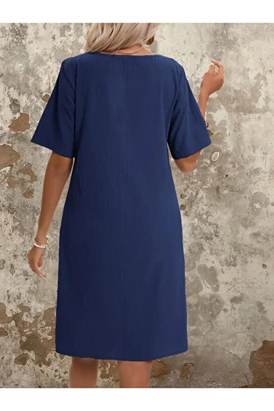 Kadın Kısa Kollu Yakası Açık önden Büzgülü Cep Detaylı Viskon Iki Iplik Elbise