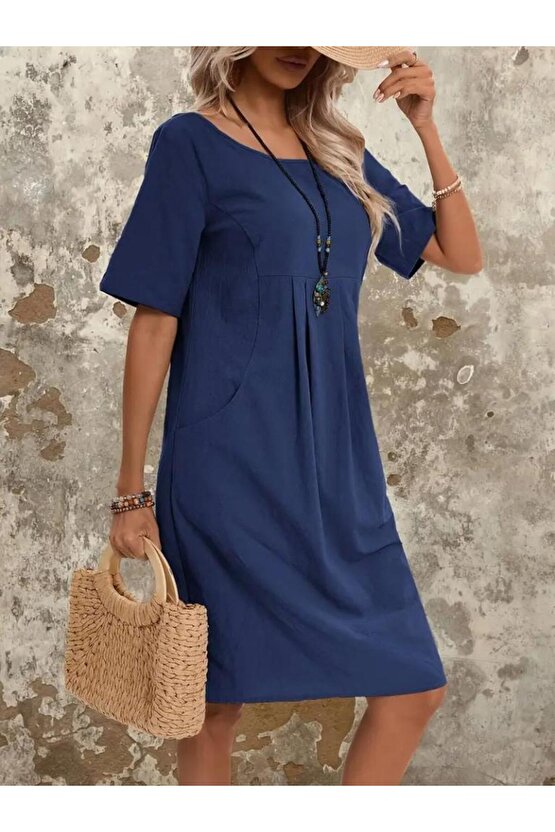 Kadın Kısa Kollu Yakası Açık önden Büzgülü Cep Detaylı Viskon Iki Iplik Elbise