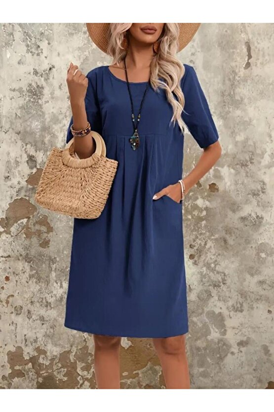 Kadın Kısa Kollu Yakası Açık önden Büzgülü Cep Detaylı Viskon Iki Iplik Elbise