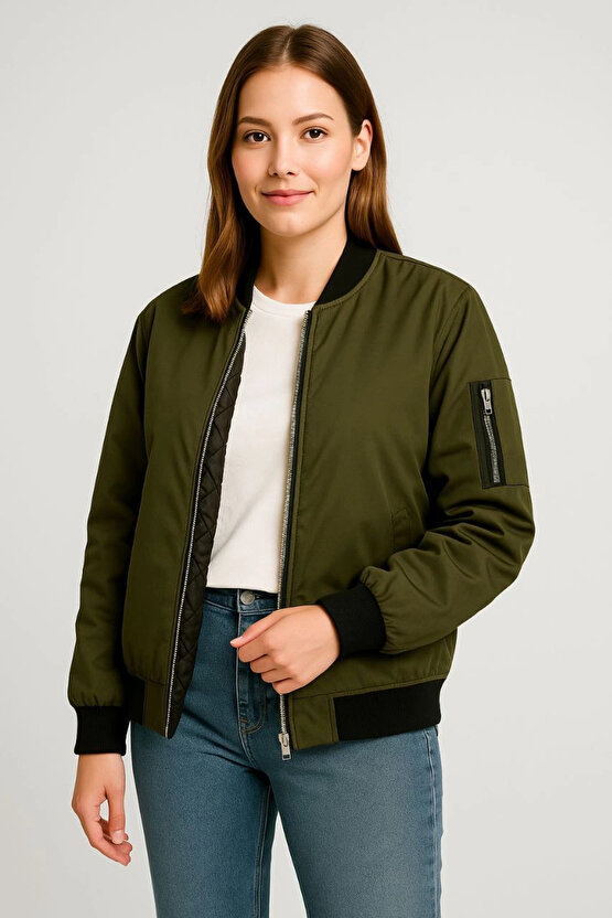 Kadın Bomber Mont Ceket – Fermuarlı, Kapitone İçi Astarlı, Su İtici Kumaş, Regular Fit, Günlük Bahar