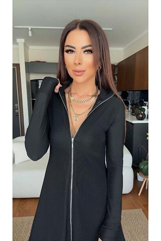 Kadın Uzun Kollu Hakim Yaka Ayarlanabilir Fermuar Dekolteli Mini Elbise