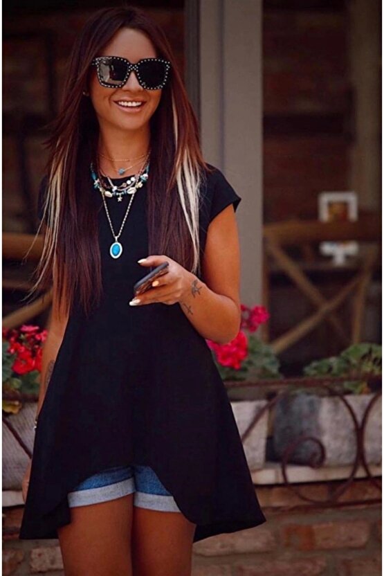 Kadın Kısa Kollu Asimetrik Viskon Kumaş Bluz