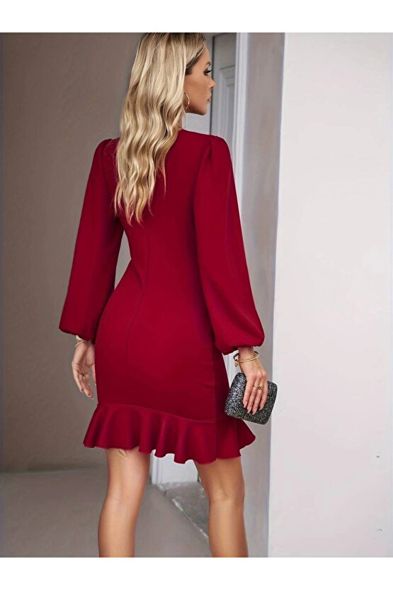 Kadın Uzun Kollu Bisiklet Yaka önden Volanlı Ithal Krep Elbise