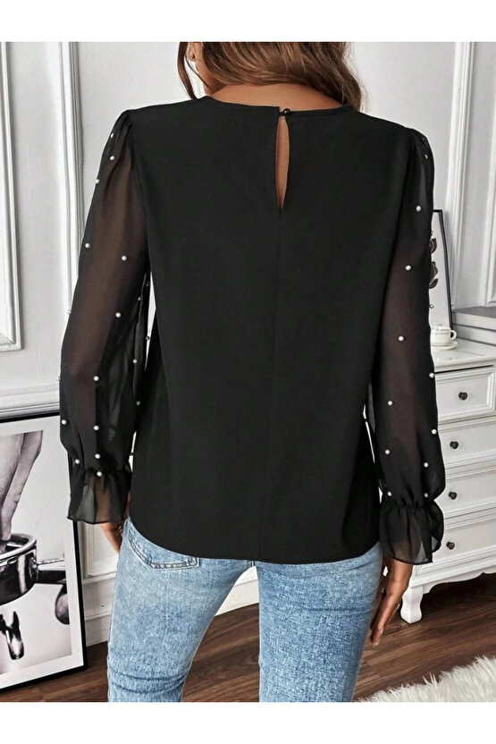 MDB Kadın Uzun Kollu Bisiklet Yaka Tül Detaylı Incili Ithal Krep Bluz