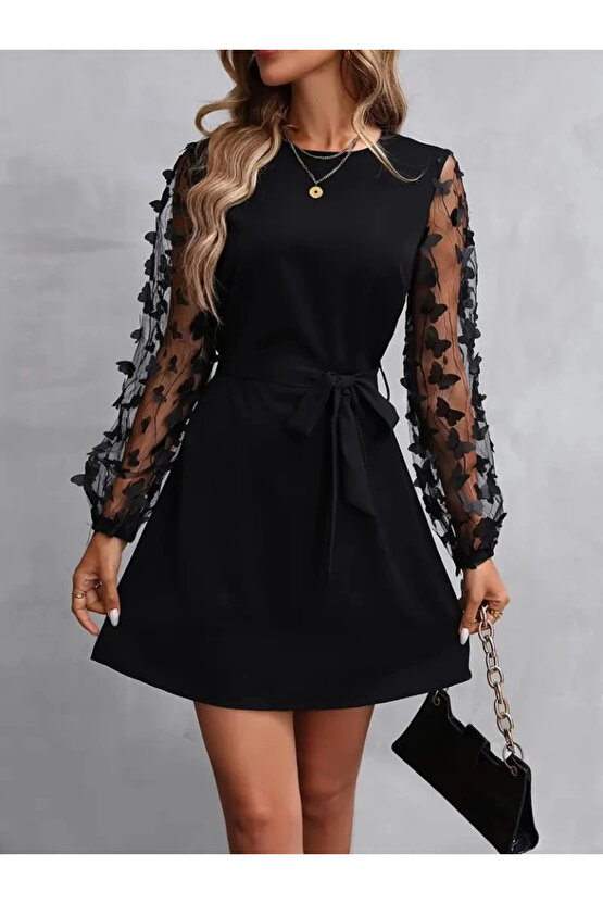 MDB Kadın Uzun Kollu Bisiklet Yaka Kollar Tül Kelebek Detaylı Ithal Krep Elbise