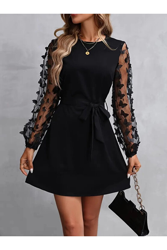 MDB Kadın Uzun Kollu Bisiklet Yaka Kollar Tül Kelebek Detaylı Ithal Krep Elbise