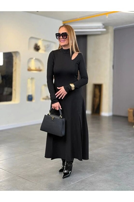 Kadın Balıkçı Yaka Damla Detaylı Yırtmaçlı Uzun Viskon Iki Iplik Maxi Elbise