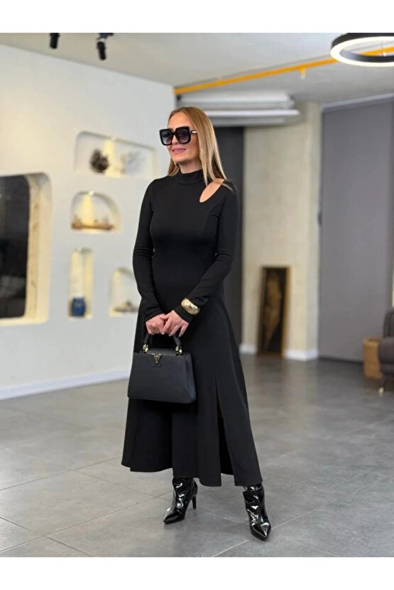 Kadın Balıkçı Yaka Damla Detaylı Yırtmaçlı Uzun Viskon Iki Iplik Maxi Elbise