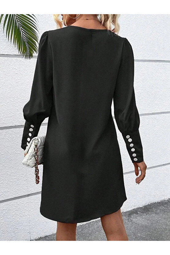 Kadın Uzun Kollu V Yakalı Kısa Ithal Krep Elbise