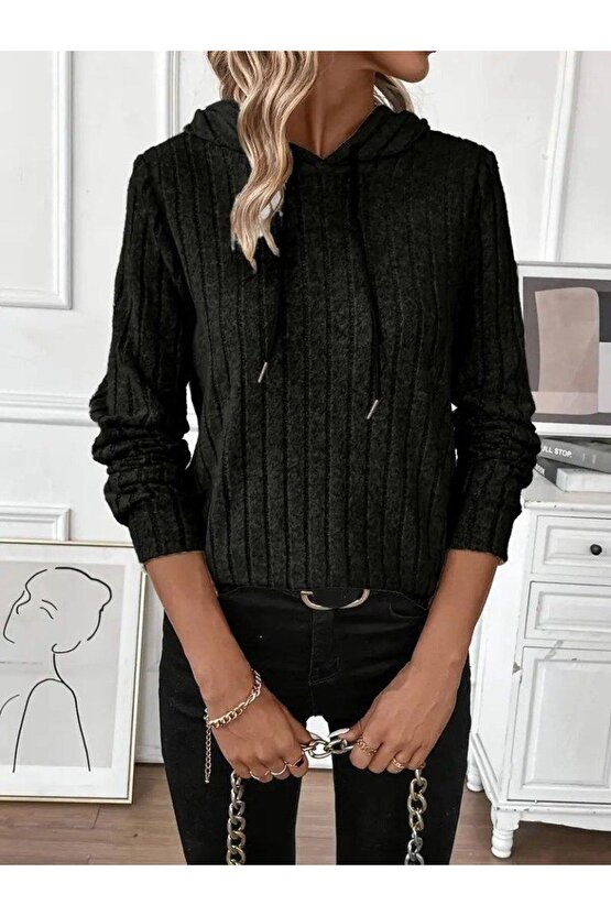 Kadın Uzun Kollu Kapşonlu Bağcıklı şardonlu Kaşkorse Bluz