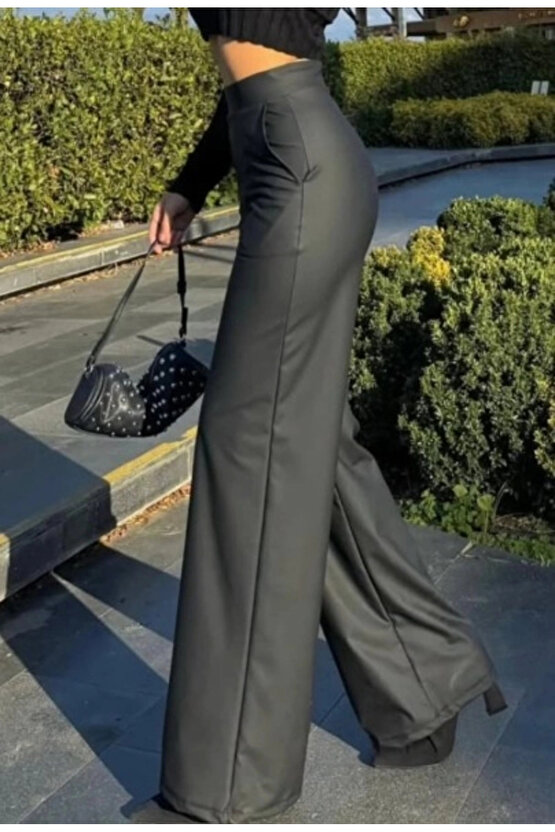 Kadın Yüksek Bel Cepli şardonlu Geniş Paçalı Mat Deri Pantolon