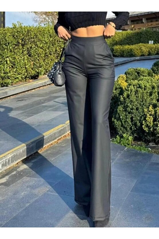 Kadın Yüksek Bel Cepli şardonlu Geniş Paçalı Mat Deri Pantolon