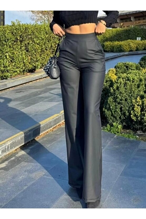 Kadın Yüksek Bel Cepli şardonlu Geniş Paçalı Mat Deri Pantolon
