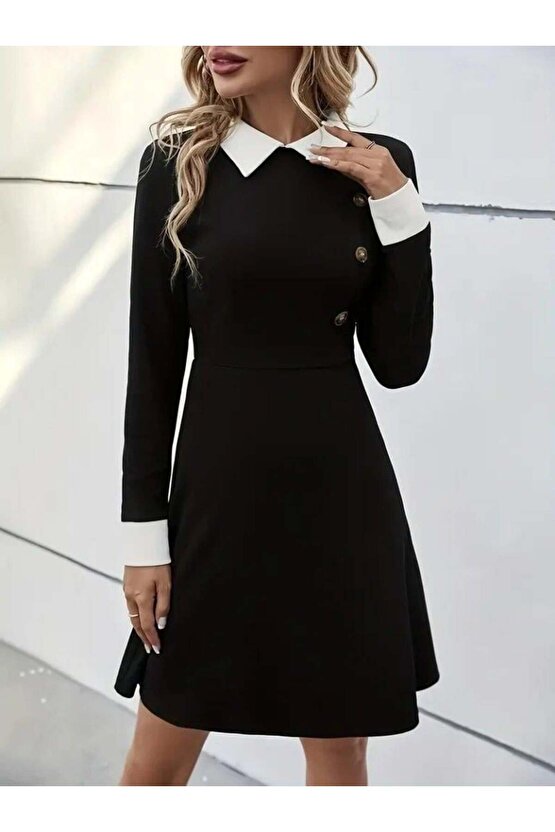 Kadın Uzun Kollu Yakalı Düğmeli Kısa Modal Mini Elbise